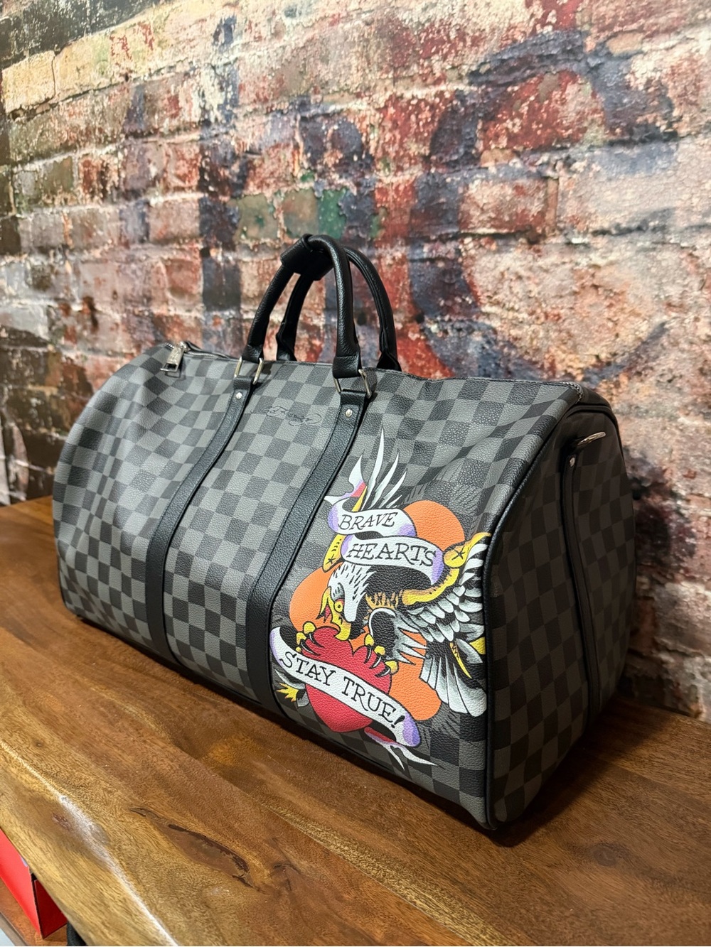 Ed Hardy Designer-Style Black Check Travel Duffel Bag with Graphic Accent